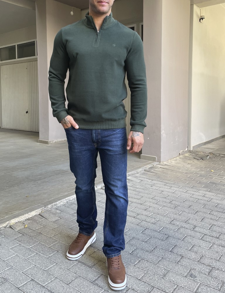 Ανδρικό κυπαρισσί πουλόβερ μονόχρωμο με γιακά 4263K φωτογραφία